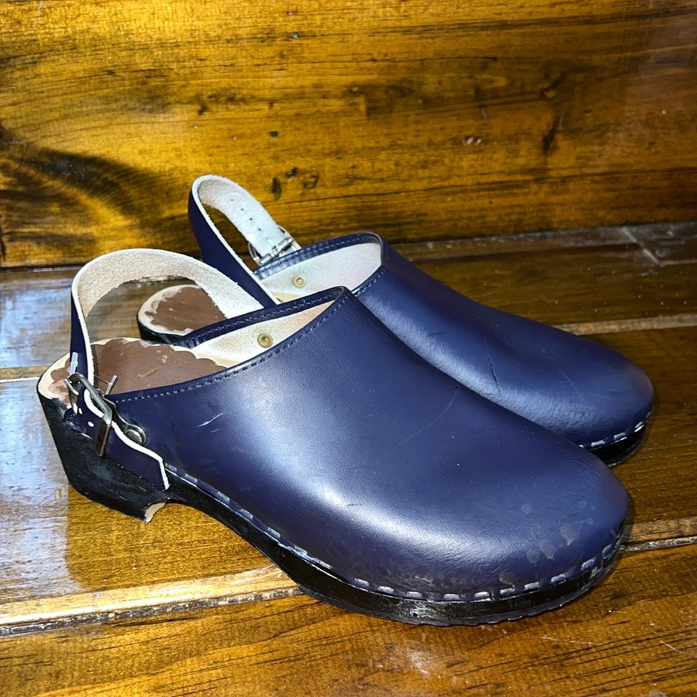 Hanna Andersson Navy Blue Leather Wooden Swedish Clogs- 7